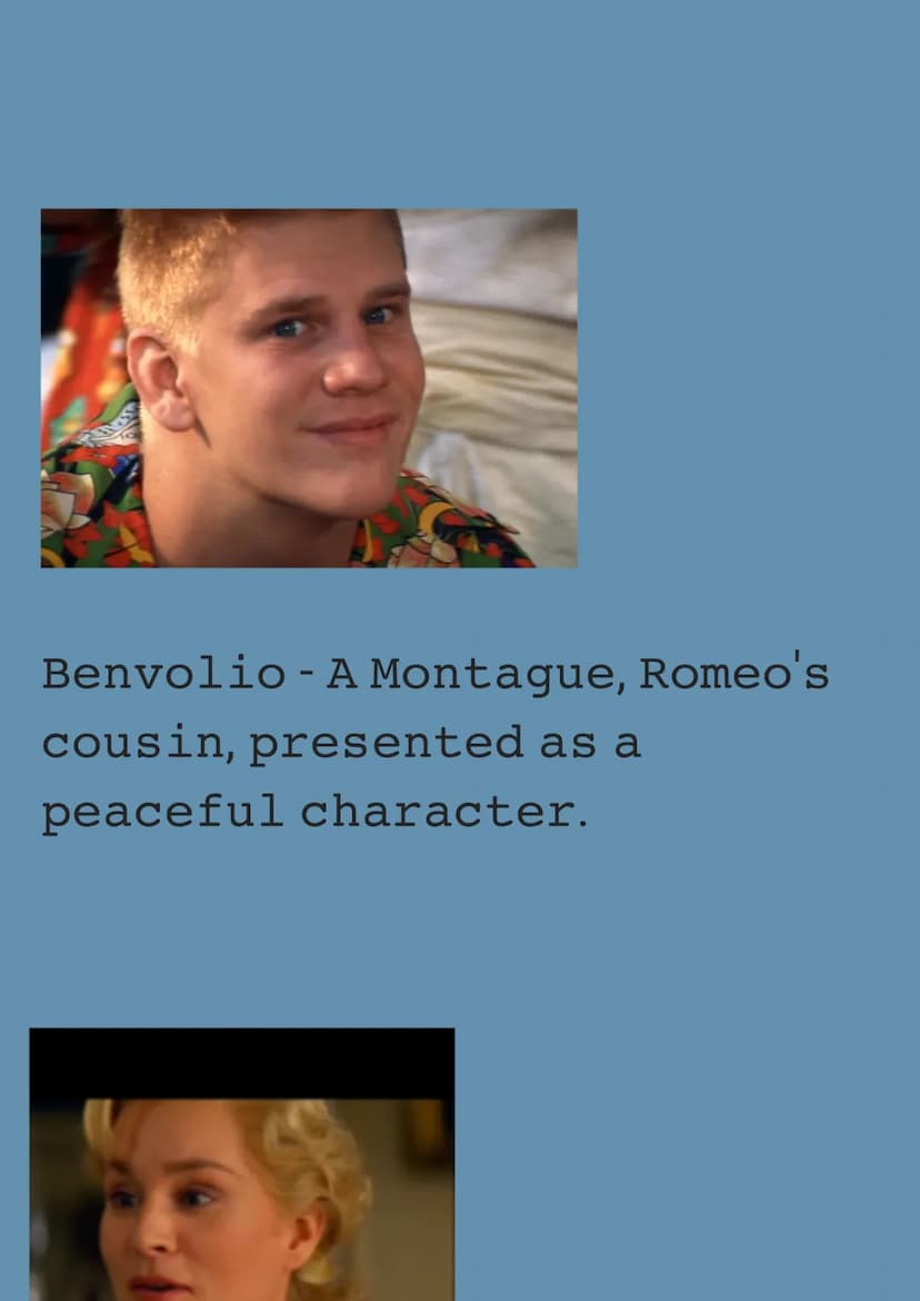 These are all the Characters
of Romeo and Juliet Act 1.
Romeo - A Montague, Used to
love Rosaline, Fell in love
with Juliet at the ball, Fin