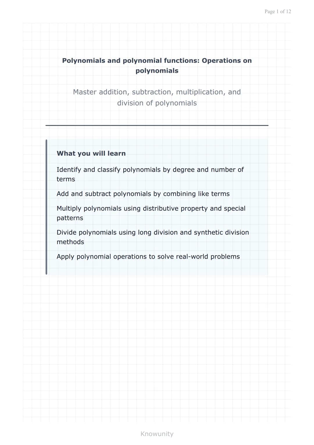 Polynomials and polynomial functions: Operations on polynomials