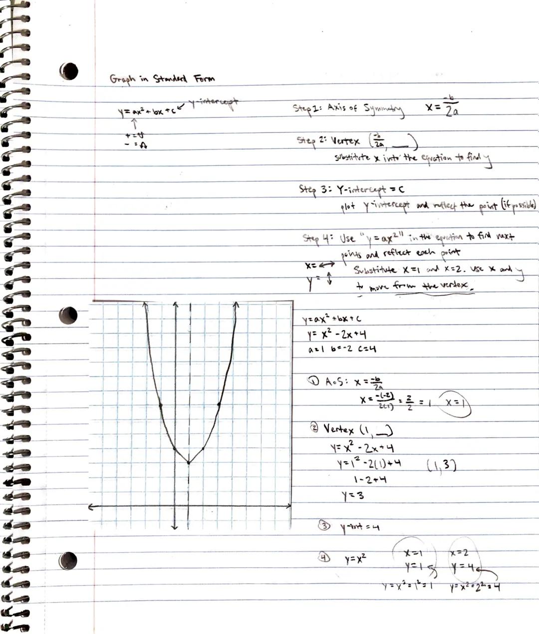 Graph in Standard Form

y=ax² + bx +cey-intercept

Step1: Axis of Symmetry $x=\frac{-b}{2a}$

↑
+=b
-=-a

Step 2: Vertex $(\frac{-b}{2a}, )$
