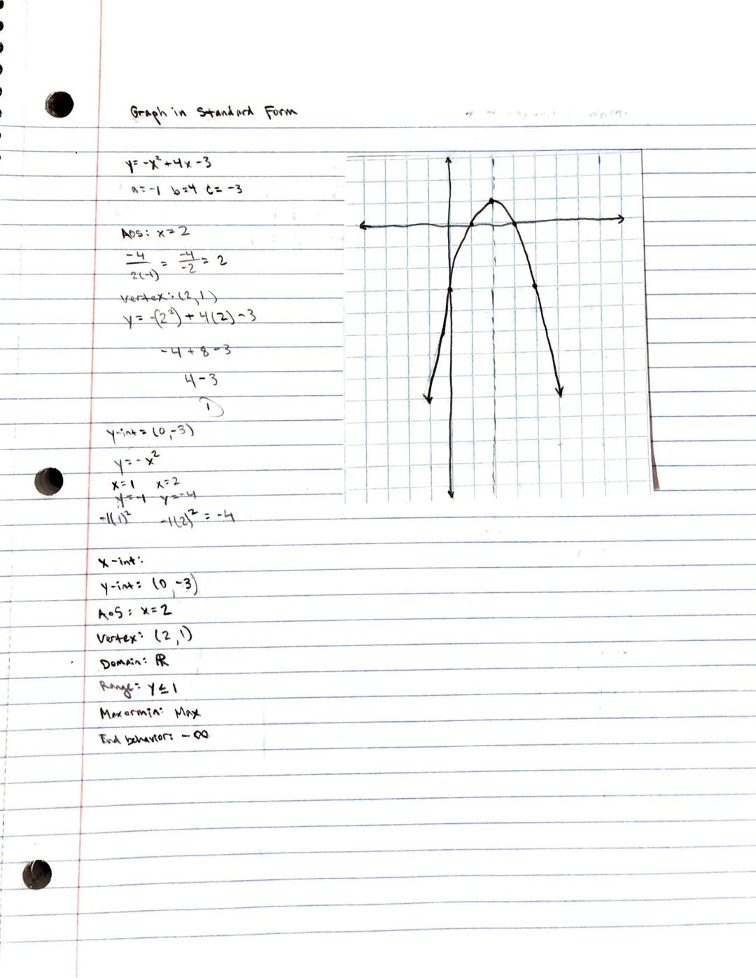 Graph in Standard Form

y=ax² + bx +cey-intercept

Step1: Axis of Symmetry $x=\frac{-b}{2a}$

↑
+=b
-=-a

Step 2: Vertex $(\frac{-b}{2a}, )$