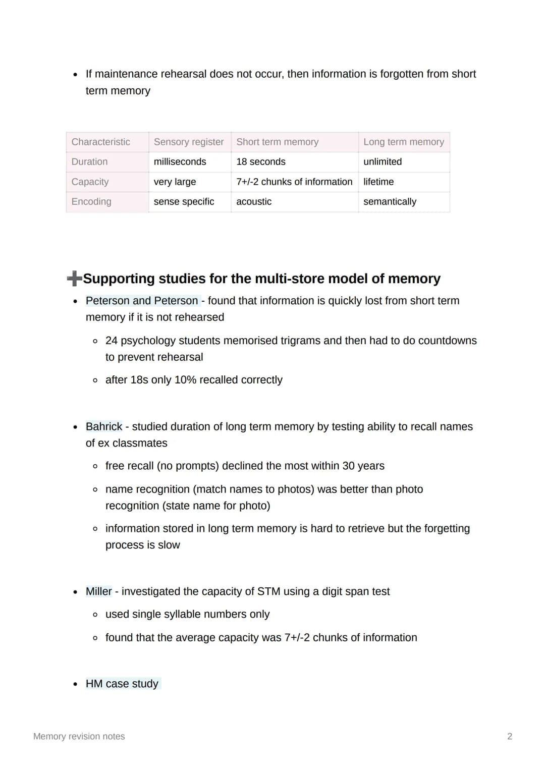 Memory revision notes
The multi-store model of memory
Proposed by Atkinson and Shiffrin
proposed that information passes from store to store
