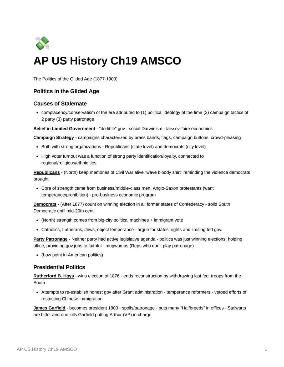 AP US History Ch19 AMSCO
The Politics of the Gilded Age (1877-1900)
Politics in the Gilded Age
Causes of Stalemate
• complacency/conservatis