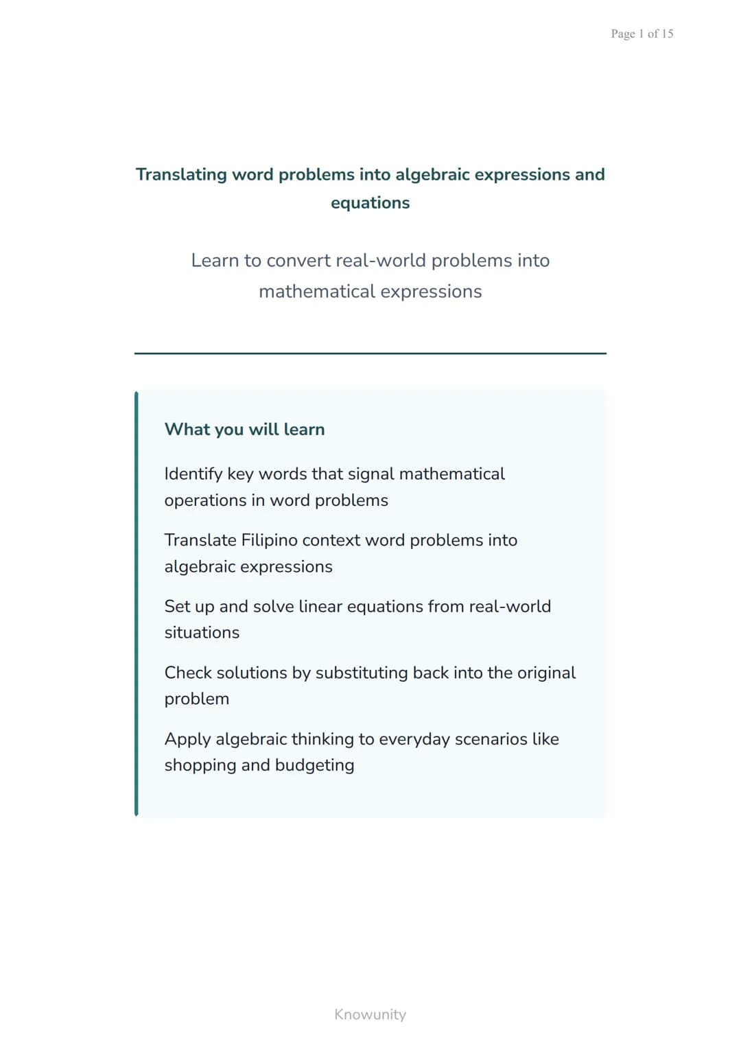 Translating word problems into algebraic expressions and
equations
Learn to convert real-world problems into
mathematical expressions
What y