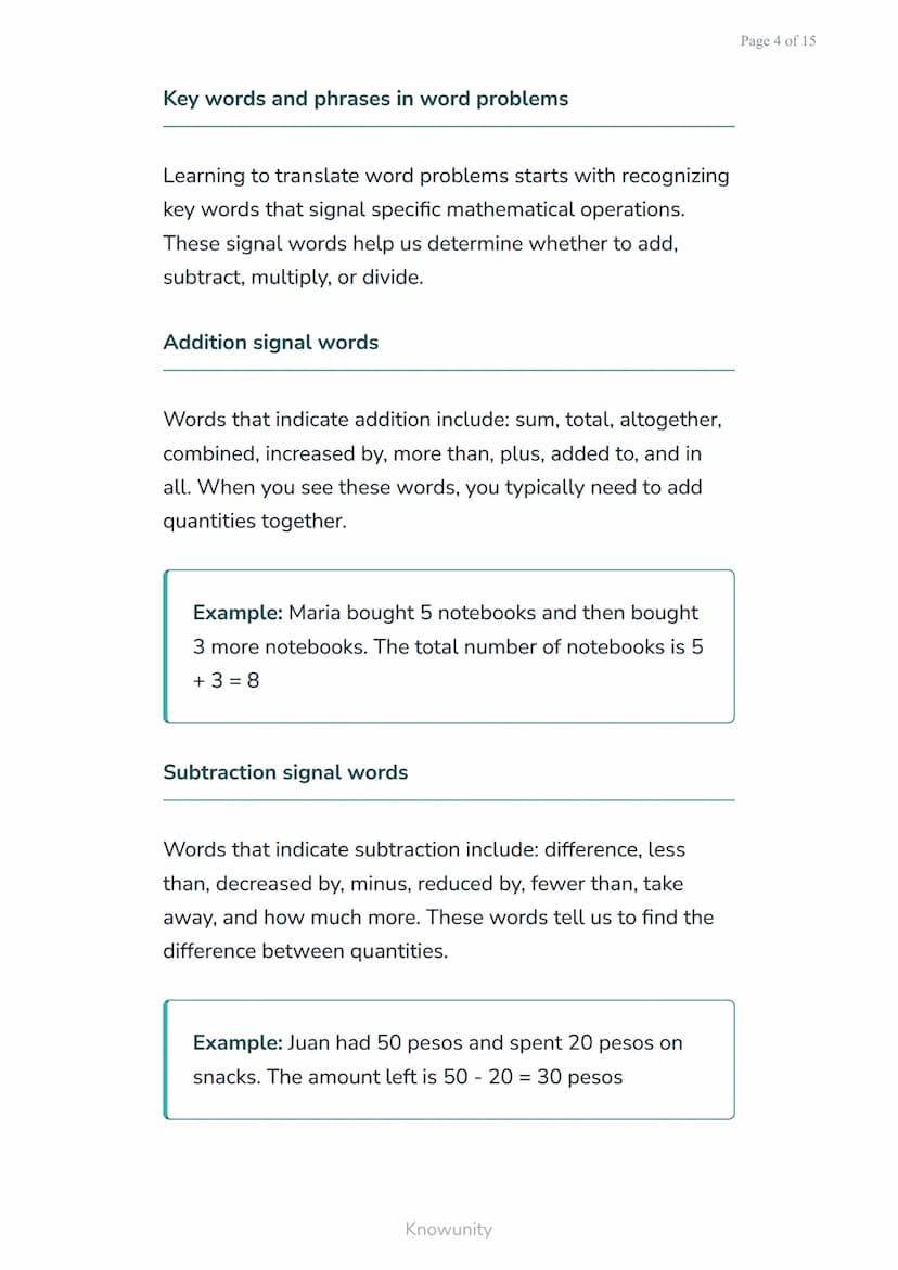 Translating word problems into algebraic expressions and
equations
Learn to convert real-world problems into
mathematical expressions
What y