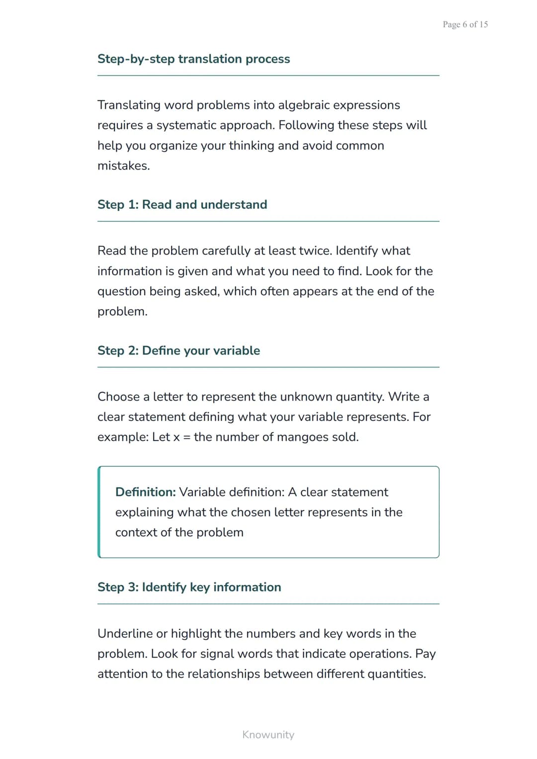 Translating word problems into algebraic expressions and
equations
Learn to convert real-world problems into
mathematical expressions
What y