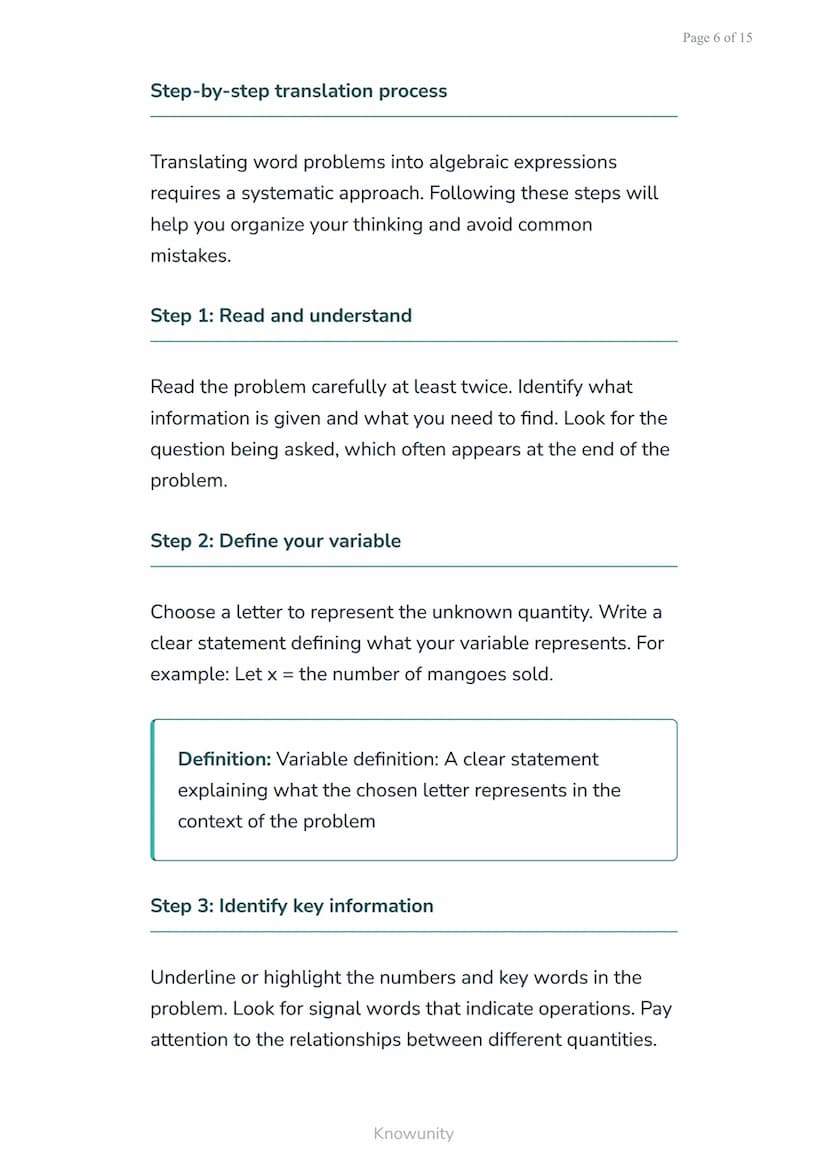 Translating word problems into algebraic expressions and
equations
Learn to convert real-world problems into
mathematical expressions
What y