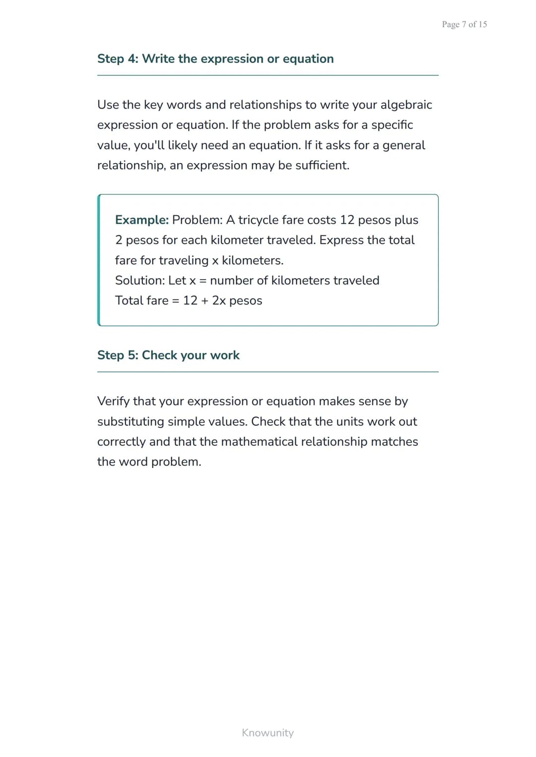 Translating word problems into algebraic expressions and
equations
Learn to convert real-world problems into
mathematical expressions
What y