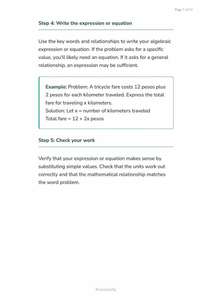 Translating word problems into algebraic expressions and
equations
Learn to convert real-world problems into
mathematical expressions
What y