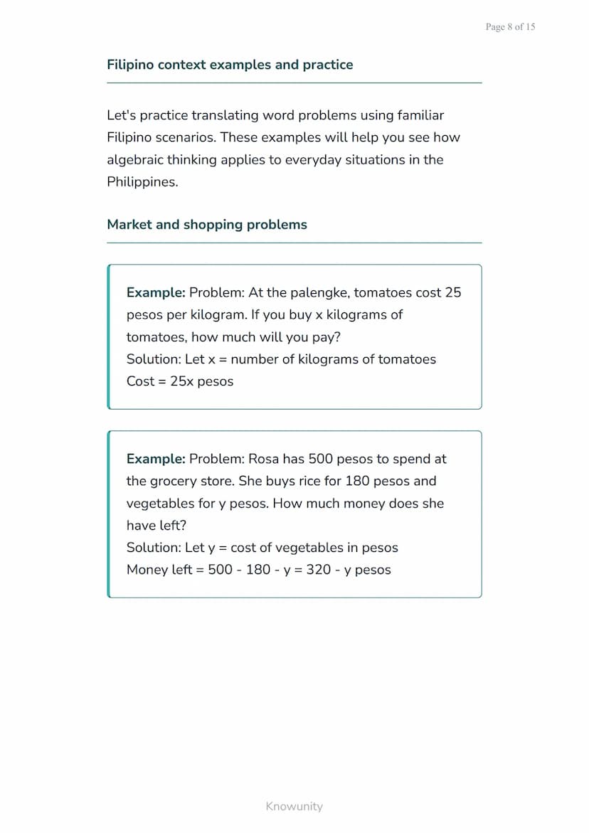 Translating word problems into algebraic expressions and
equations
Learn to convert real-world problems into
mathematical expressions
What y
