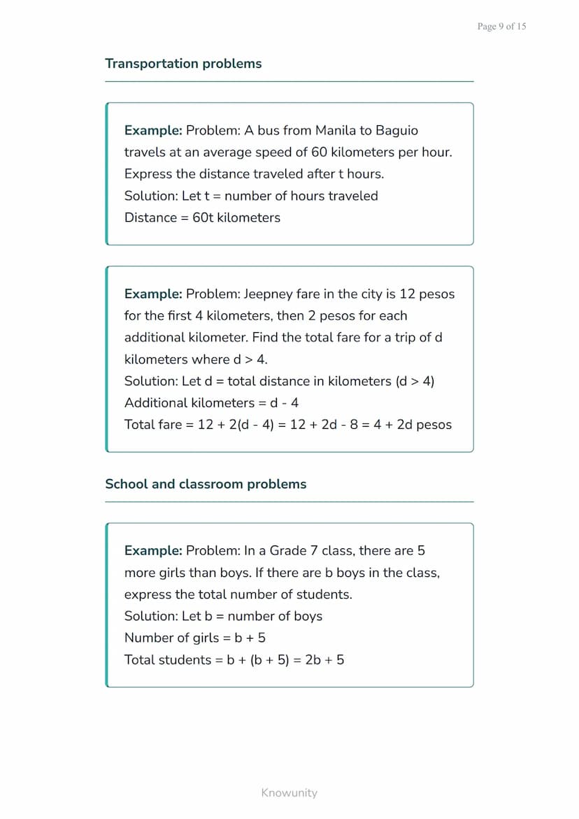 Translating word problems into algebraic expressions and
equations
Learn to convert real-world problems into
mathematical expressions
What y