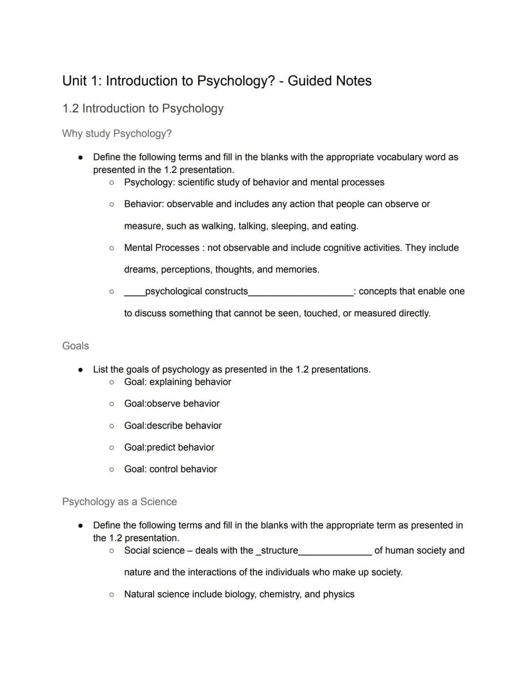 Unit 1 Psychology