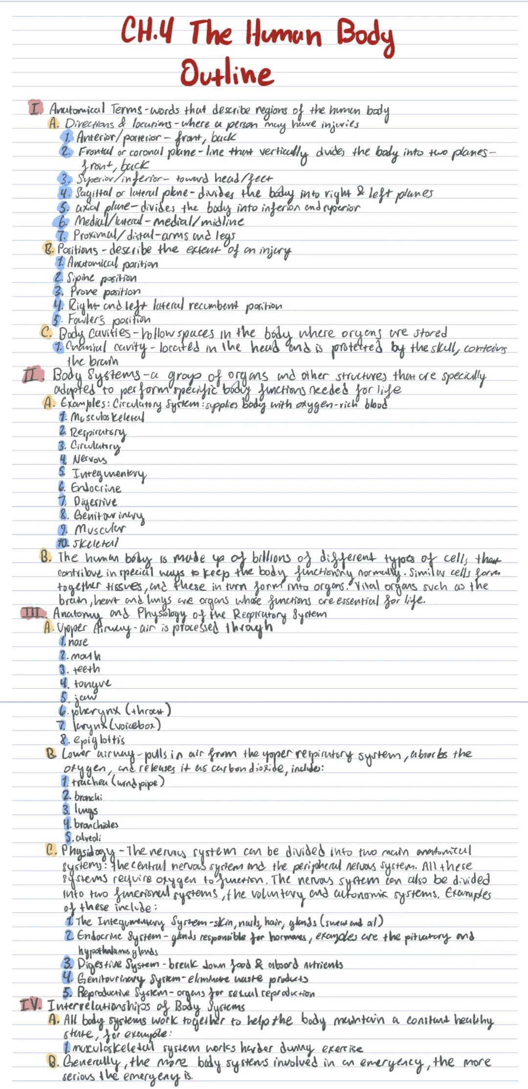 CH.4 The Human Body
Outline
Anatomical Terms-words that describe regions of the human body
A. Directions & locutions - where a person may ha