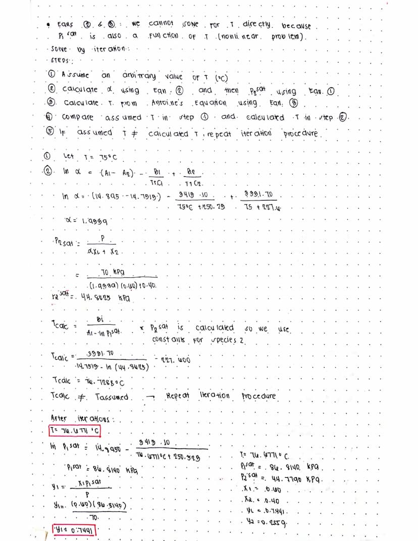 BUBBLE T CALCULATIONS
EXAMPLE 3.
Consider an ideal mixture. OF acetonitrile (1) / nitro methane (2).
at pressure. OF 70 kPq. and
X1 = 0.6. D