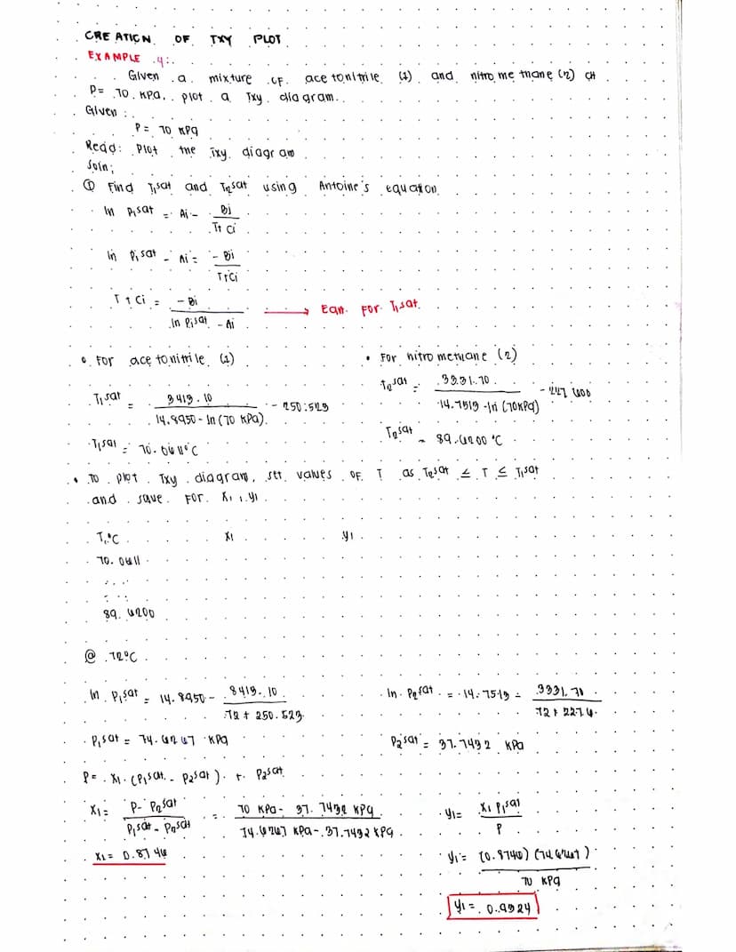 BUBBLE T CALCULATIONS
EXAMPLE 3.
Consider an ideal mixture. OF acetonitrile (1) / nitro methane (2).
at pressure. OF 70 kPq. and
X1 = 0.6. D