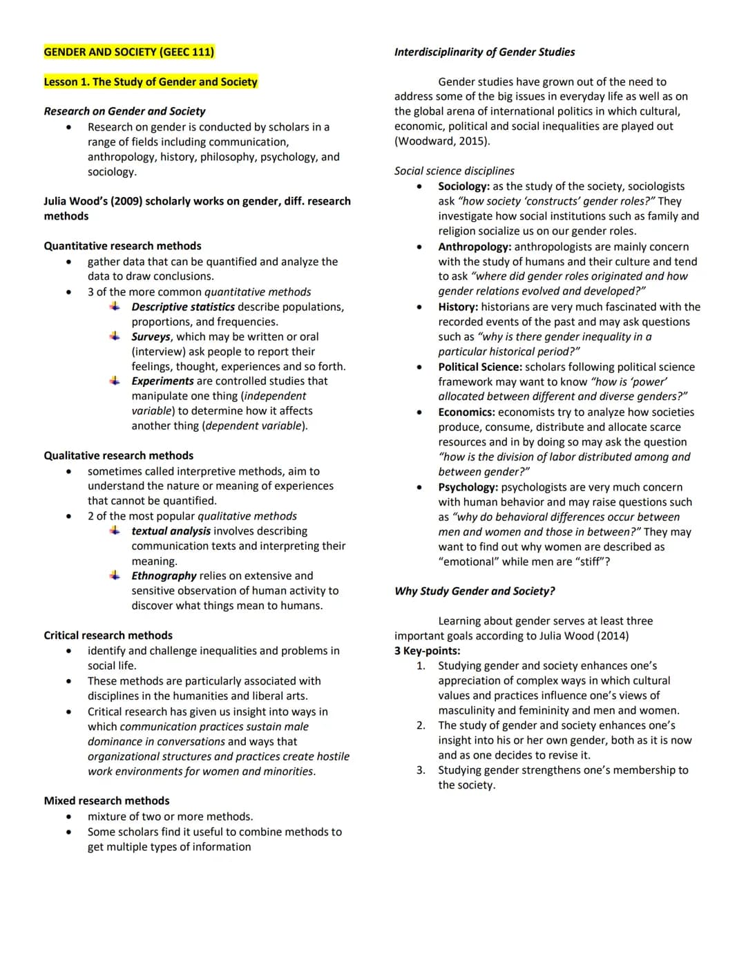 GENDER AND SOCIETY (GEEC 111)
Lesson 1. The Study of Gender and Society
Research on Gender and Society
Julia Wood's (2009) scholarly works o