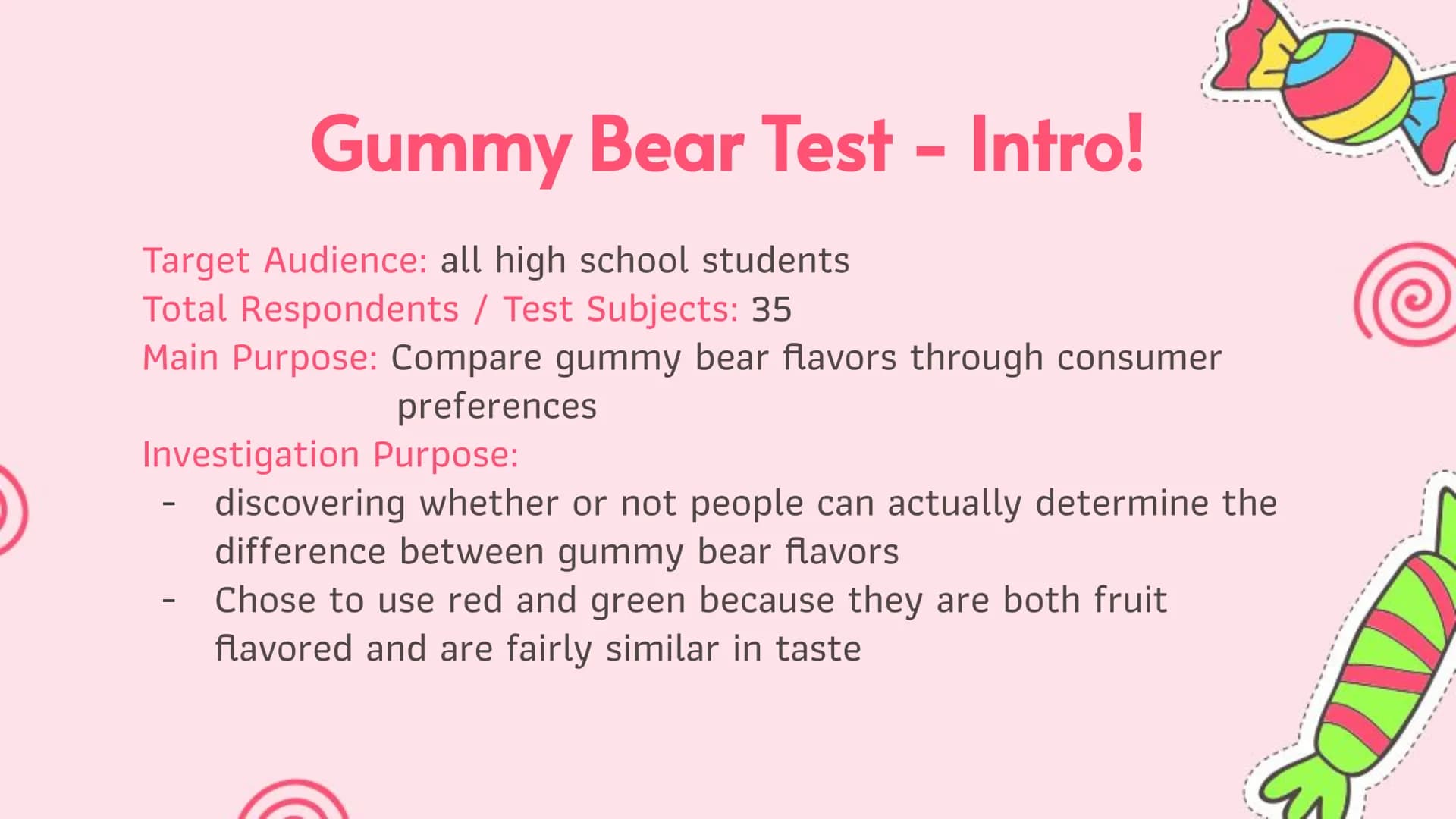 Hypothesis Testing
Blind Taste Test
AP Statistics Target Audience: all high school students.
Total Respondents / Test Subjects: 35
Main Purp