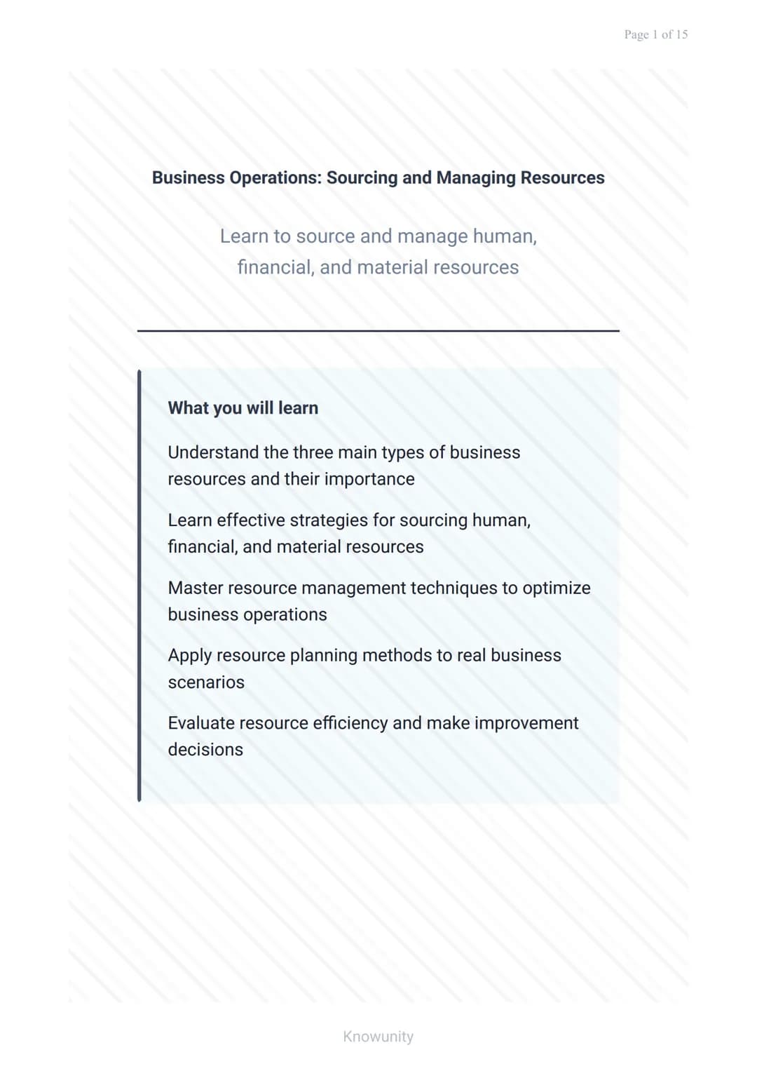 Business Operations: Sourcing and Managing Resources
Learn to source and manage human,
financial, and material resources
What you will learn