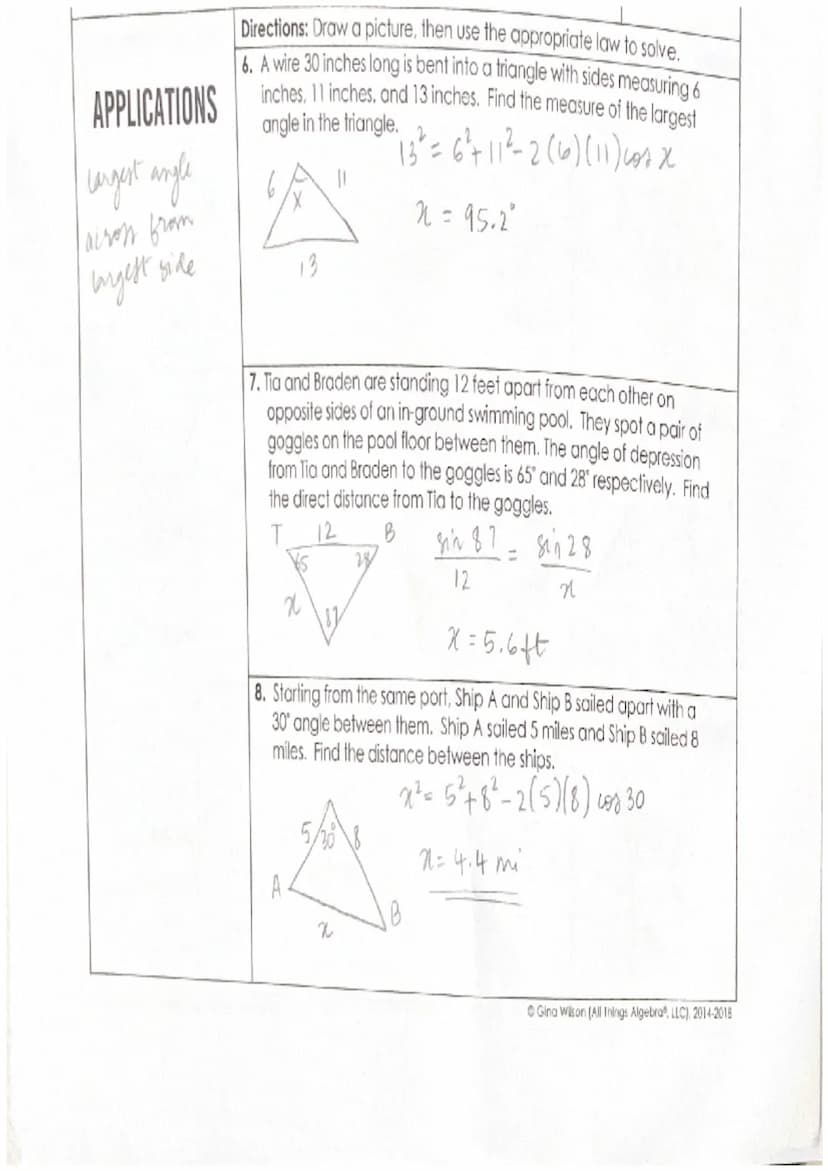 Name:
Topic:
Main Ideas/Questions
L
LAW OF SINES &
LAW OF COSINES
A
W
b
C
EXAMPLE 1: SAS
* = 15.6
7
21
C
EXAMPLE 2: AAS
132
28
17
a
5
EXAMPL