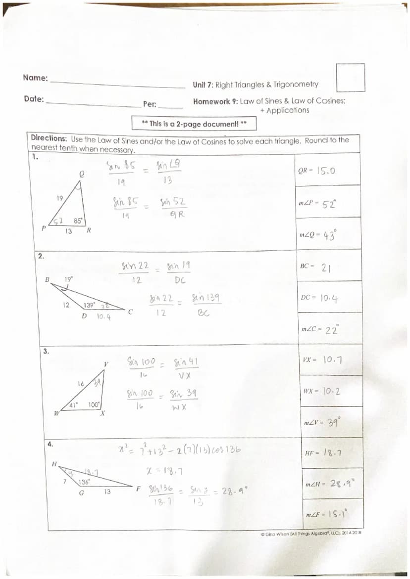 Name:
Topic:
Main Ideas/Questions
L
LAW OF SINES &
LAW OF COSINES
A
W
b
C
EXAMPLE 1: SAS
* = 15.6
7
21
C
EXAMPLE 2: AAS
132
28
17
a
5
EXAMPL