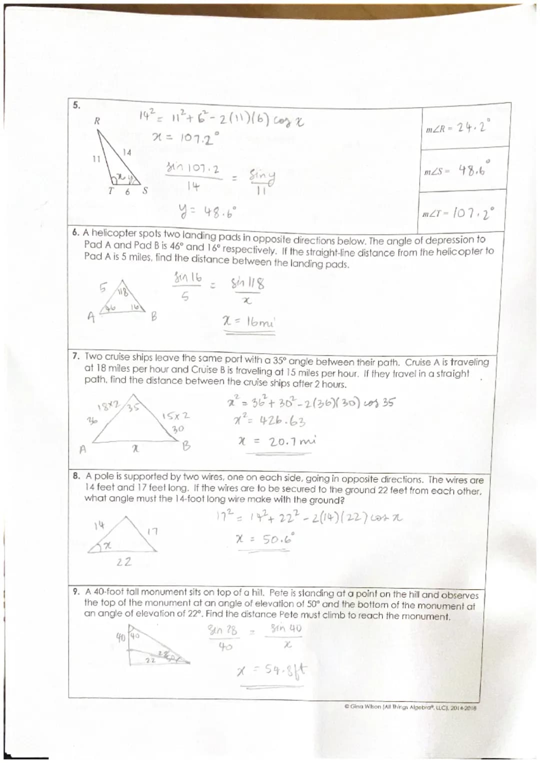 Name:
Topic:
Main Ideas/Questions
L
LAW OF SINES &
LAW OF COSINES
A
W
b
C
EXAMPLE 1: SAS
* = 15.6
7
21
C
EXAMPLE 2: AAS
132
28
17
a
5
EXAMPL