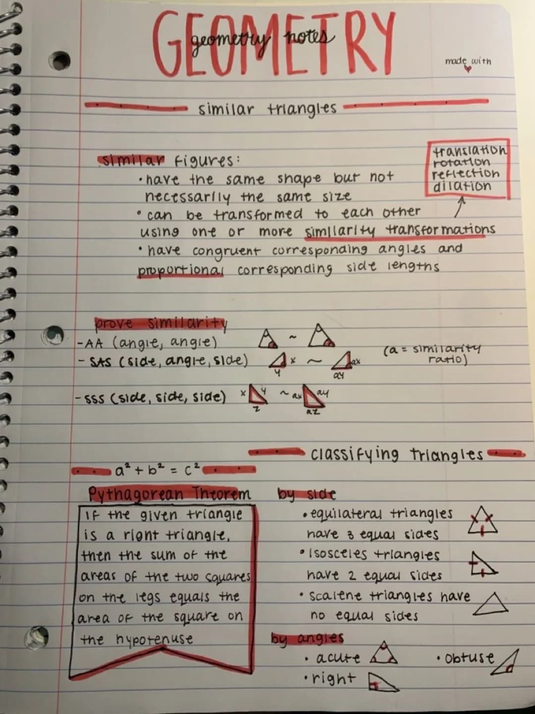 GEOMETRY
similar triangles
similar figures:
• have the same shape but not
necessarily the same size
can be transformed to each other
using o