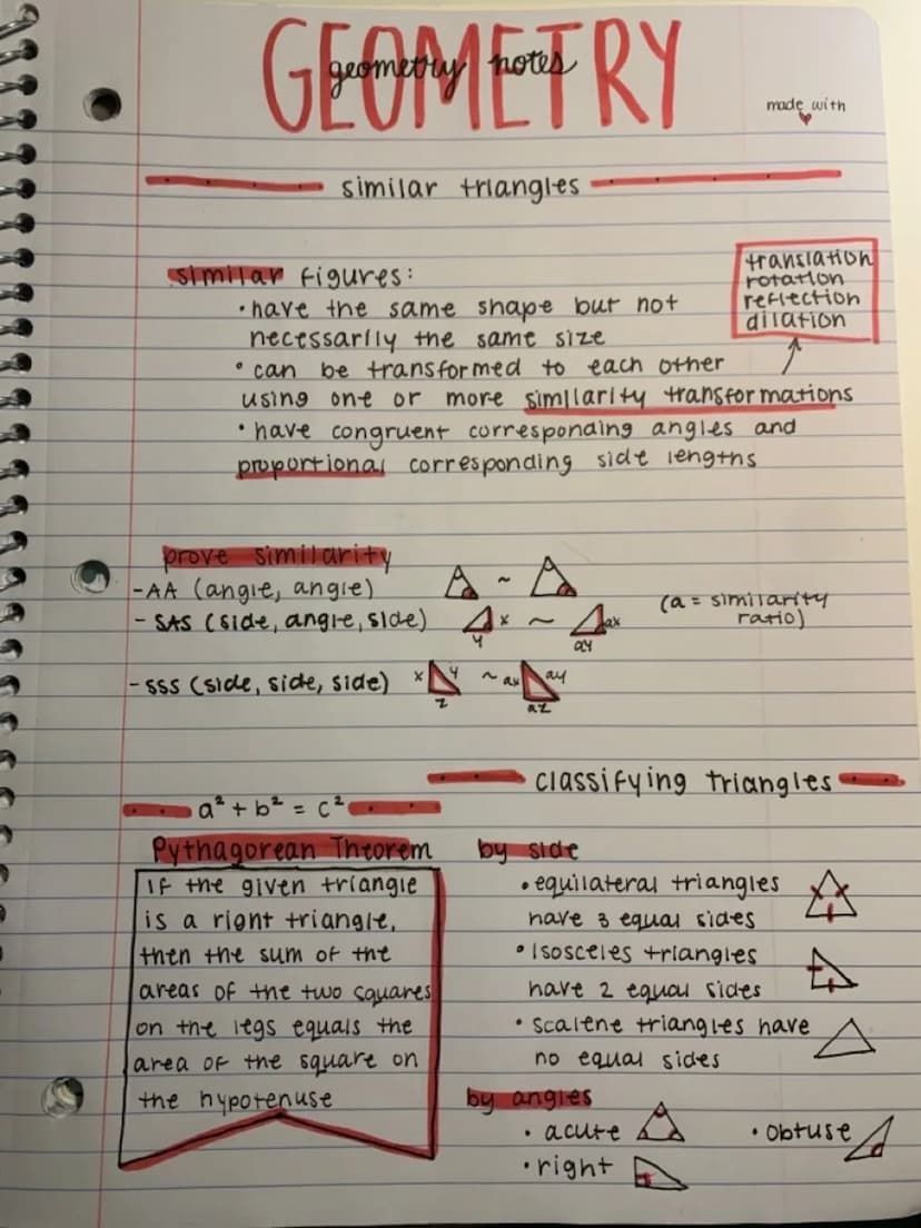 GEOMETRY
similar triangles
similar figures:
• have the same shape but not
necessarily the same size
can be transformed to each other
using o
