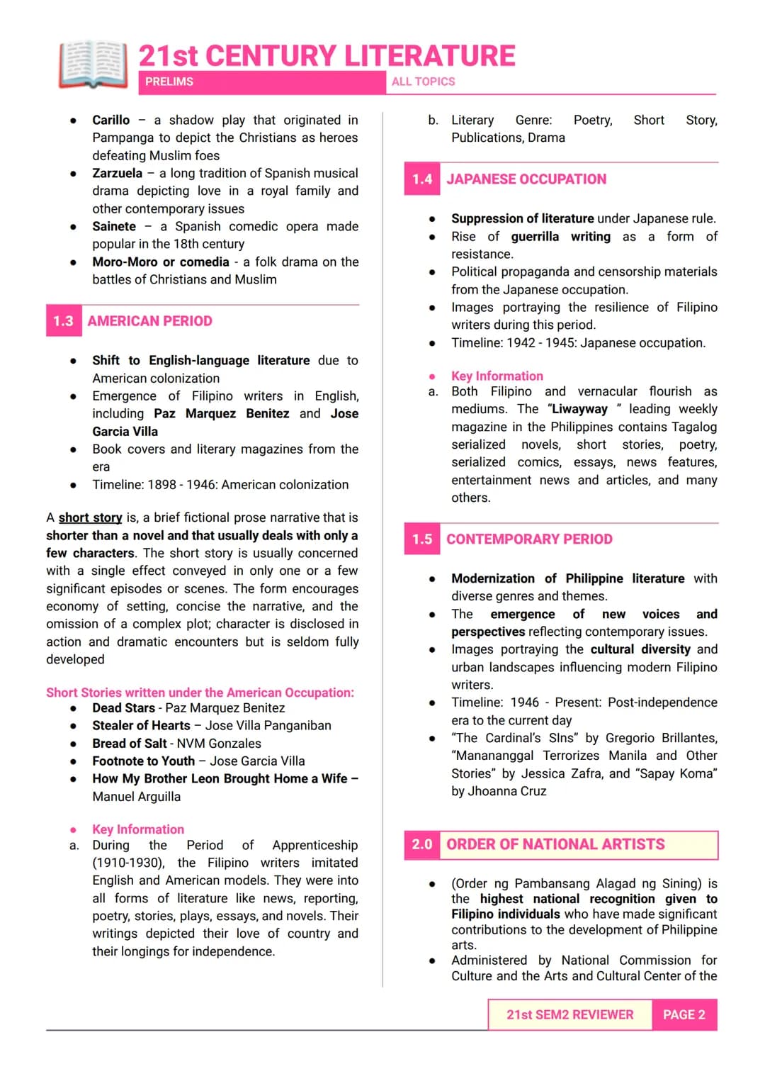 21st CENTURY LITERATURE
PRELIMS ALL TOPICS
- SEM 2 ALL TOPICS -
aims to teach ethical principles or practical
widsom.
1.0 THE PHILIPPINE LIT