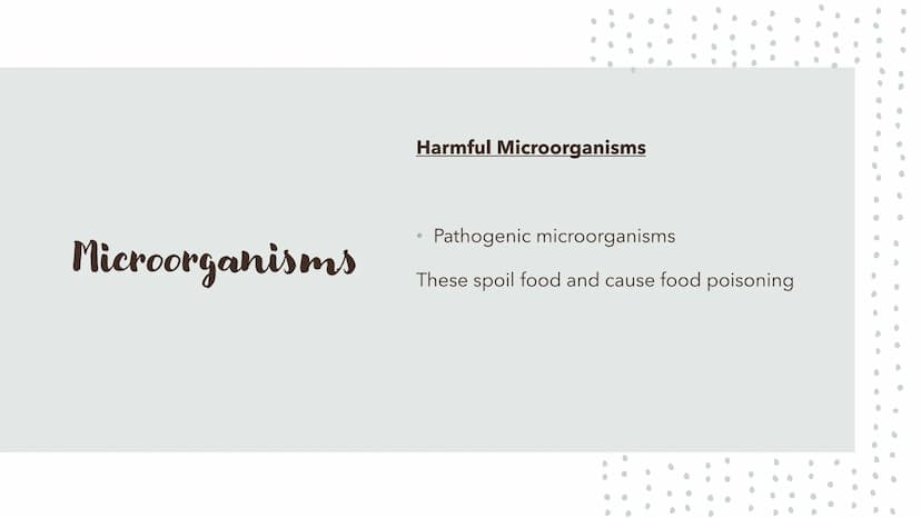 6
0
.
Food Spoilage Microorganisms
For example:
●
Bacteria
Mould
Yeast Microorganisms
Conditions for Growth
●
•
Warmth
Moisture
Food (protei