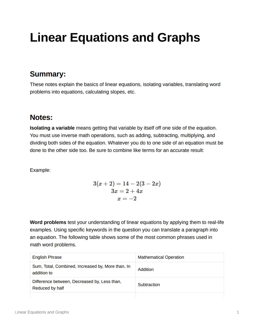 Linear Equations and Graphs
Summary:
These notes explain the basics of linear equations, isolating variables, translating word
problems into