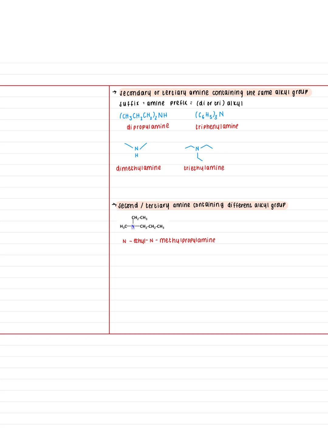 27.1- Amines (part 1)
Naming drawing.
Key Facts:
in aliphatic amines
nitrogen is attached to at
least one carbon chain
(straight or branched