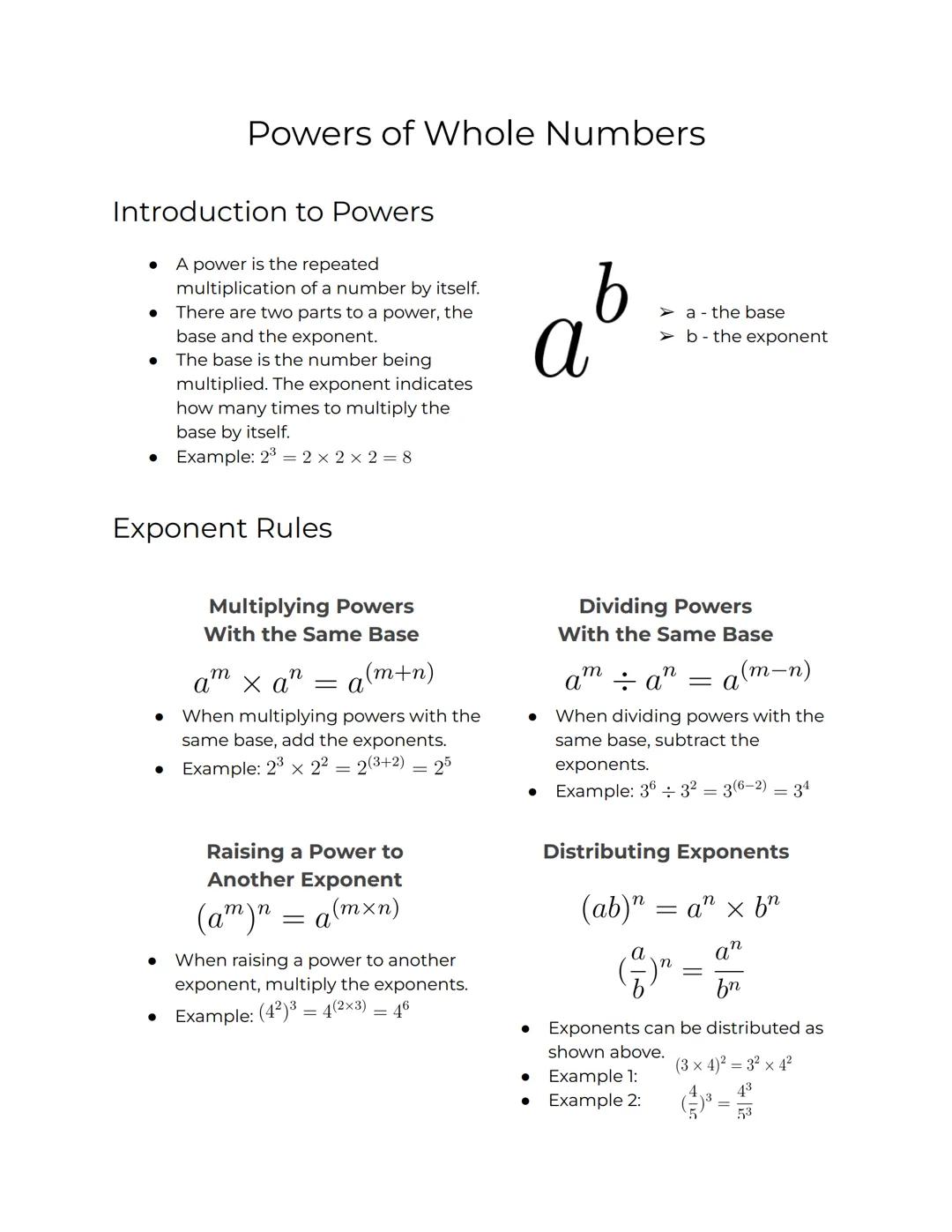 Understanding Powers of Whole Numbers for Beginners - Worksheets and Calculator