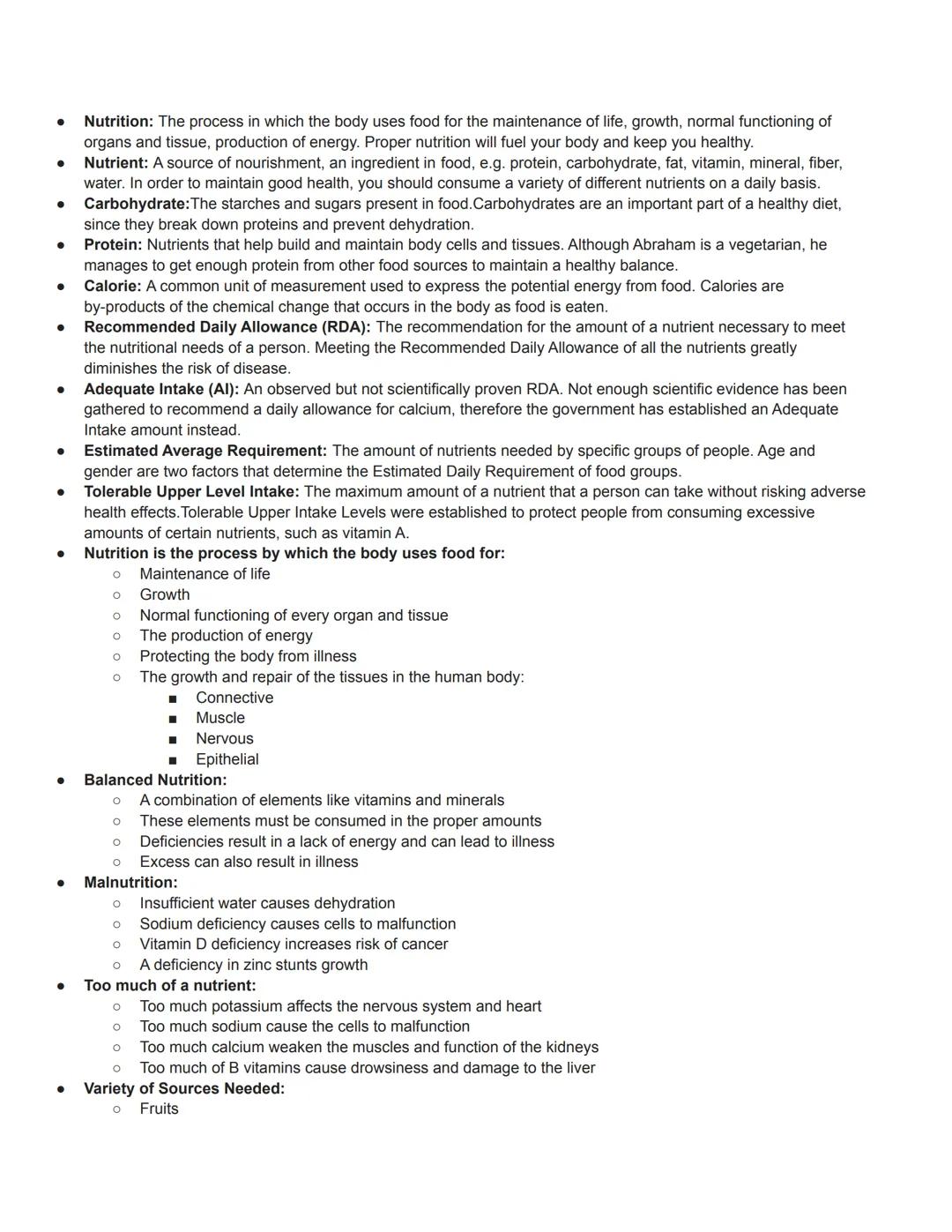 ●
●
●
● Recommended Daily Allowance (RDA): The recommendation for the amount of a nutrient necessary to meet
the nutritional needs of a pers
