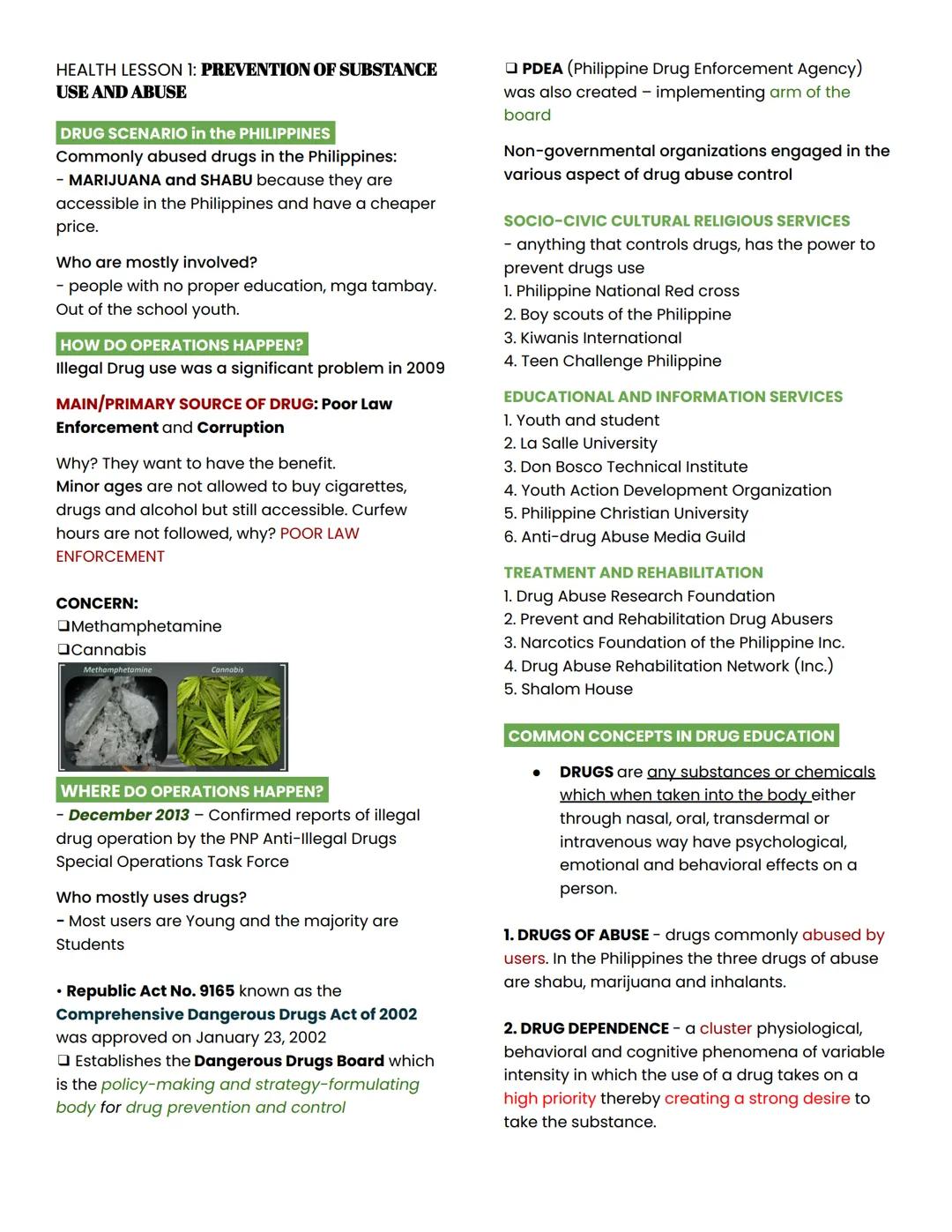 HEALTH LESSON 1: PREVENTION OF SUBSTANCE
USE AND ABUSE
DRUG SCENARIO in the PHILIPPINES
Commonly abused drugs in the Philippines:
- MARIJUAN