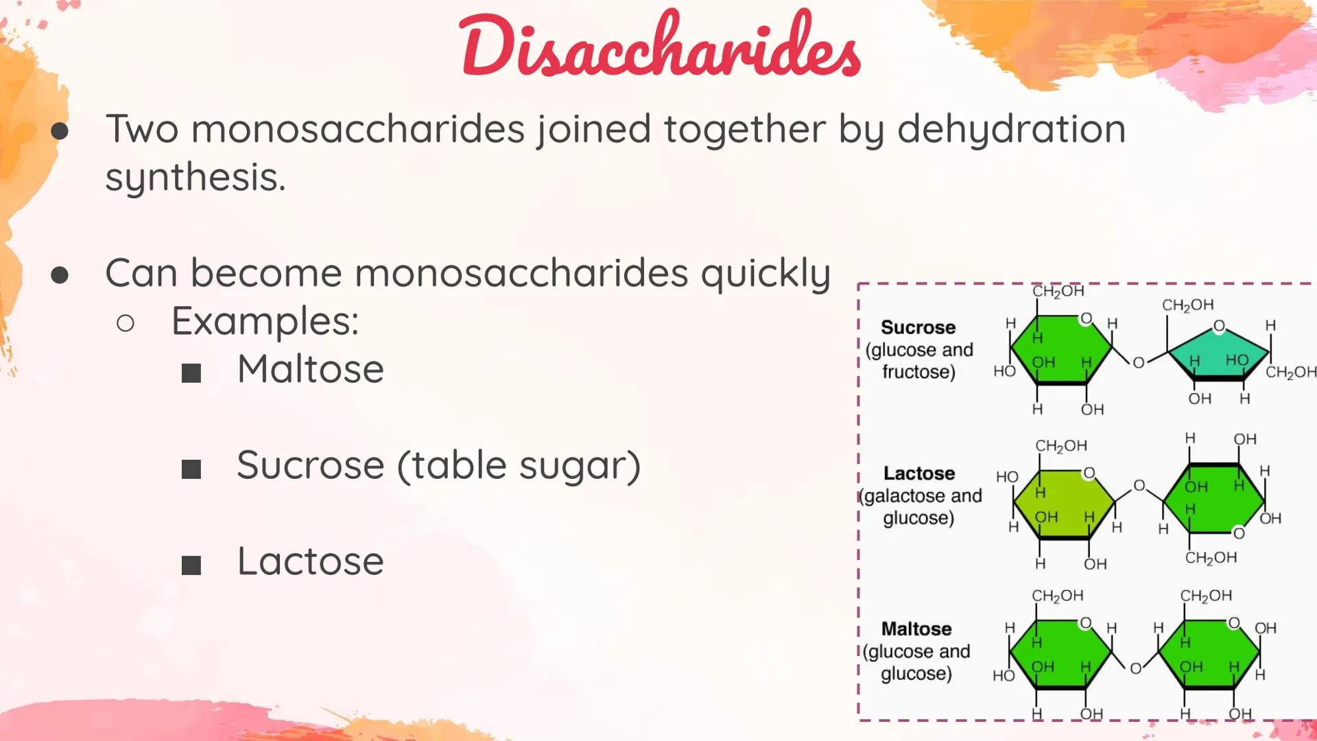 Carbohydrates
Body's main source of energy!
• Monomers: Monosaccharides
. Most carbs have a 1:2:1 ratio of Carbon: Hydrogen: Oxygen.
Ex: Glu