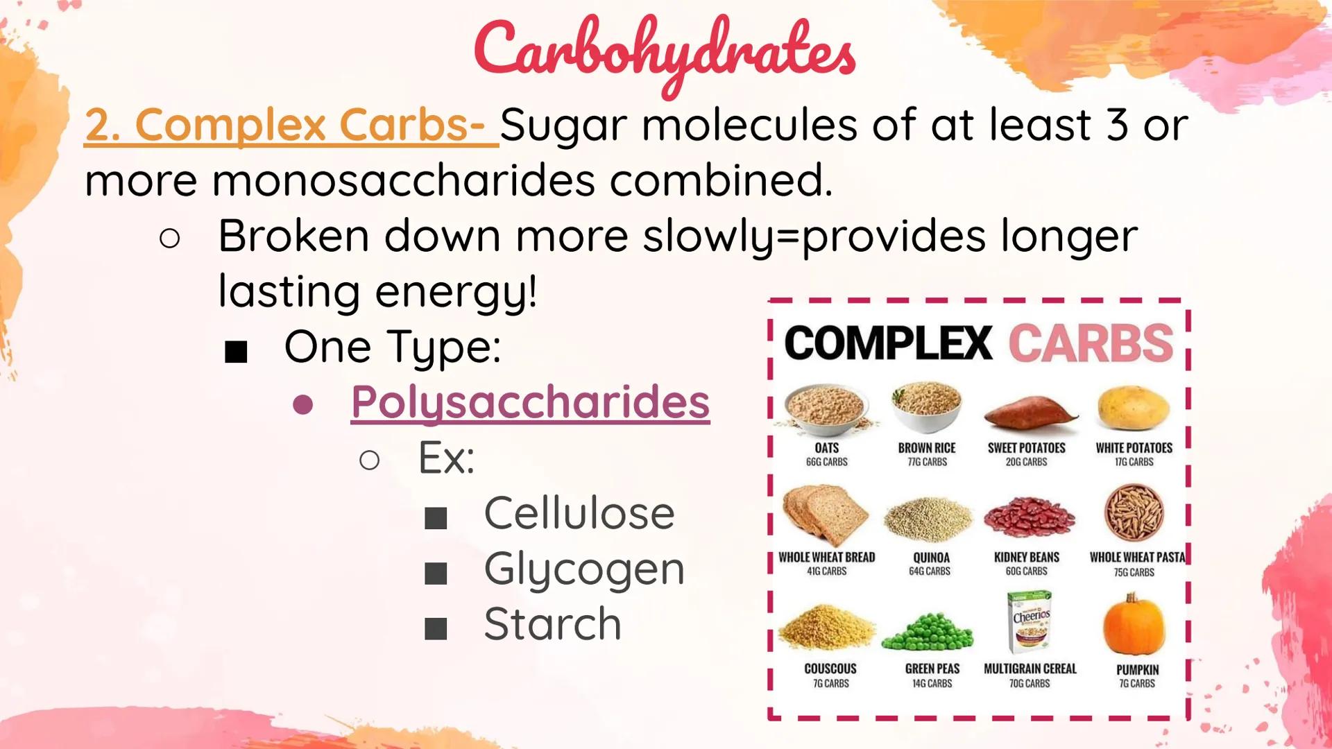 Carbohydrates
Body's main source of energy!
• Monomers: Monosaccharides
. Most carbs have a 1:2:1 ratio of Carbon: Hydrogen: Oxygen.
Ex: Glu