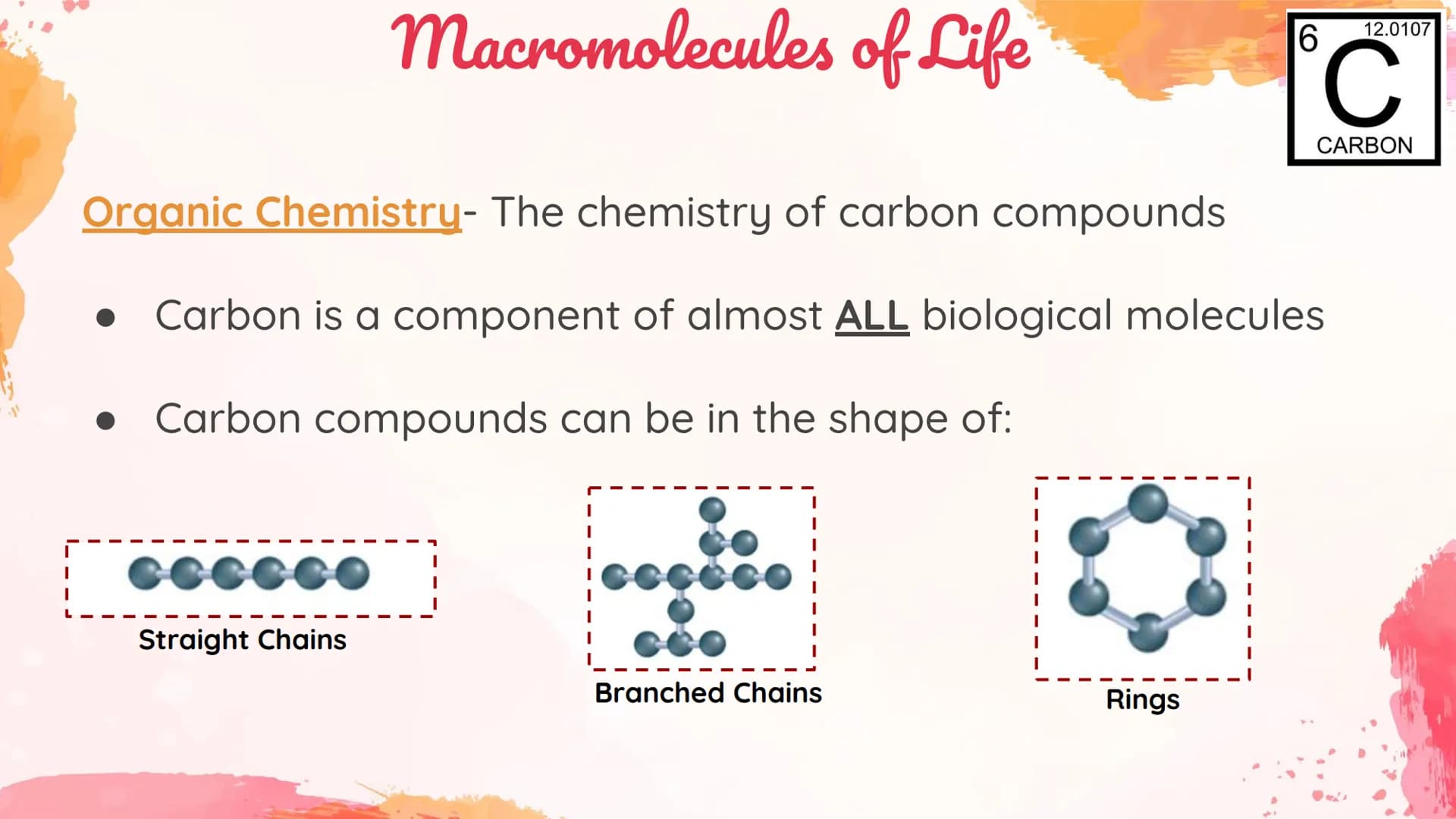 Carbohydrates
Body's main source of energy!
• Monomers: Monosaccharides
. Most carbs have a 1:2:1 ratio of Carbon: Hydrogen: Oxygen.
Ex: Glu