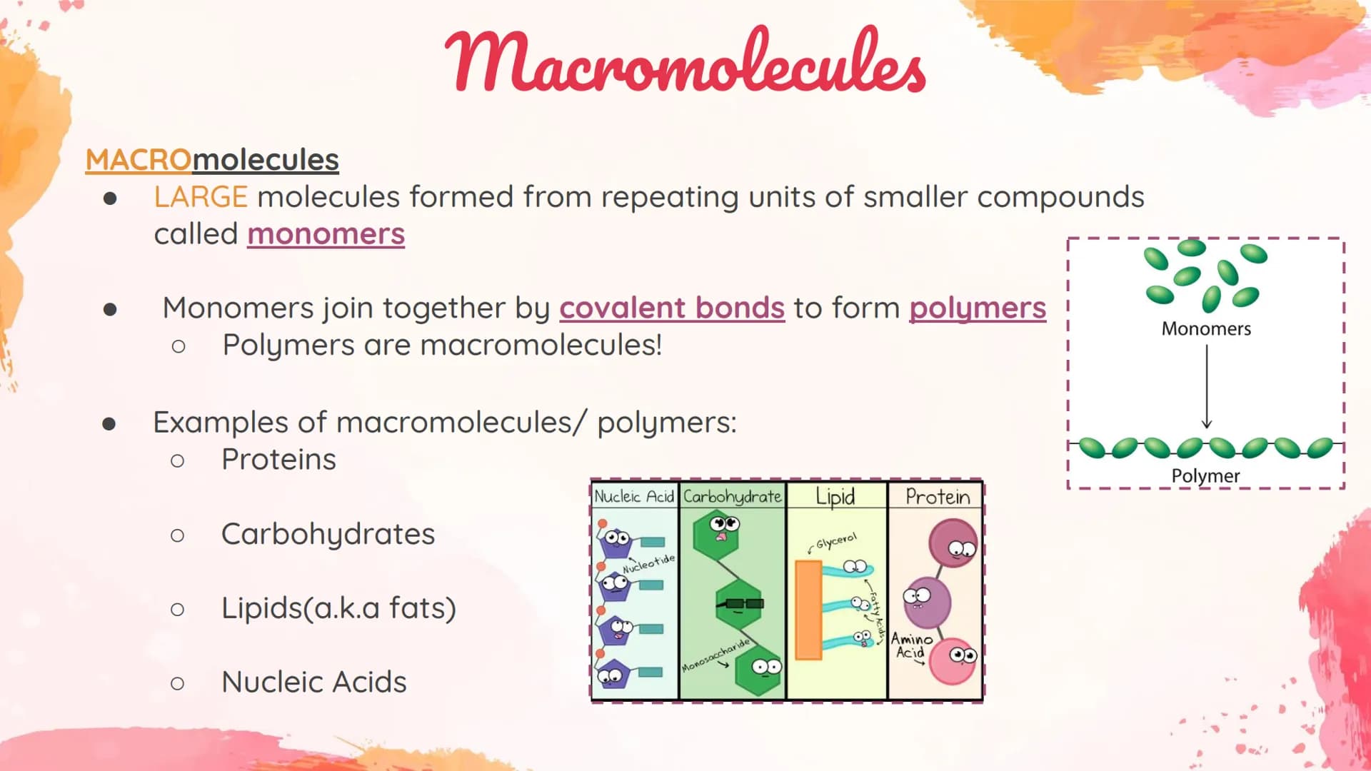 Carbohydrates
Body's main source of energy!
• Monomers: Monosaccharides
. Most carbs have a 1:2:1 ratio of Carbon: Hydrogen: Oxygen.
Ex: Glu