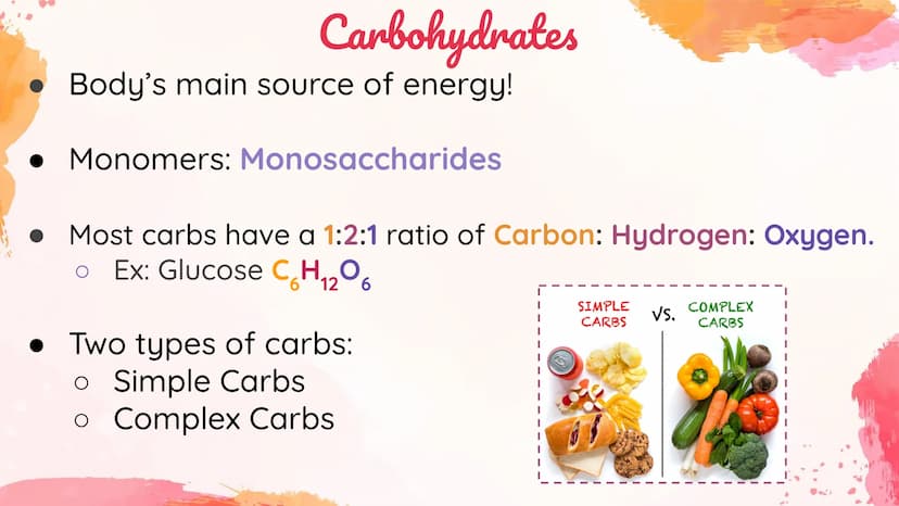 Carbohydrates
Body's main source of energy!
• Monomers: Monosaccharides
. Most carbs have a 1:2:1 ratio of Carbon: Hydrogen: Oxygen.
Ex: Glu
