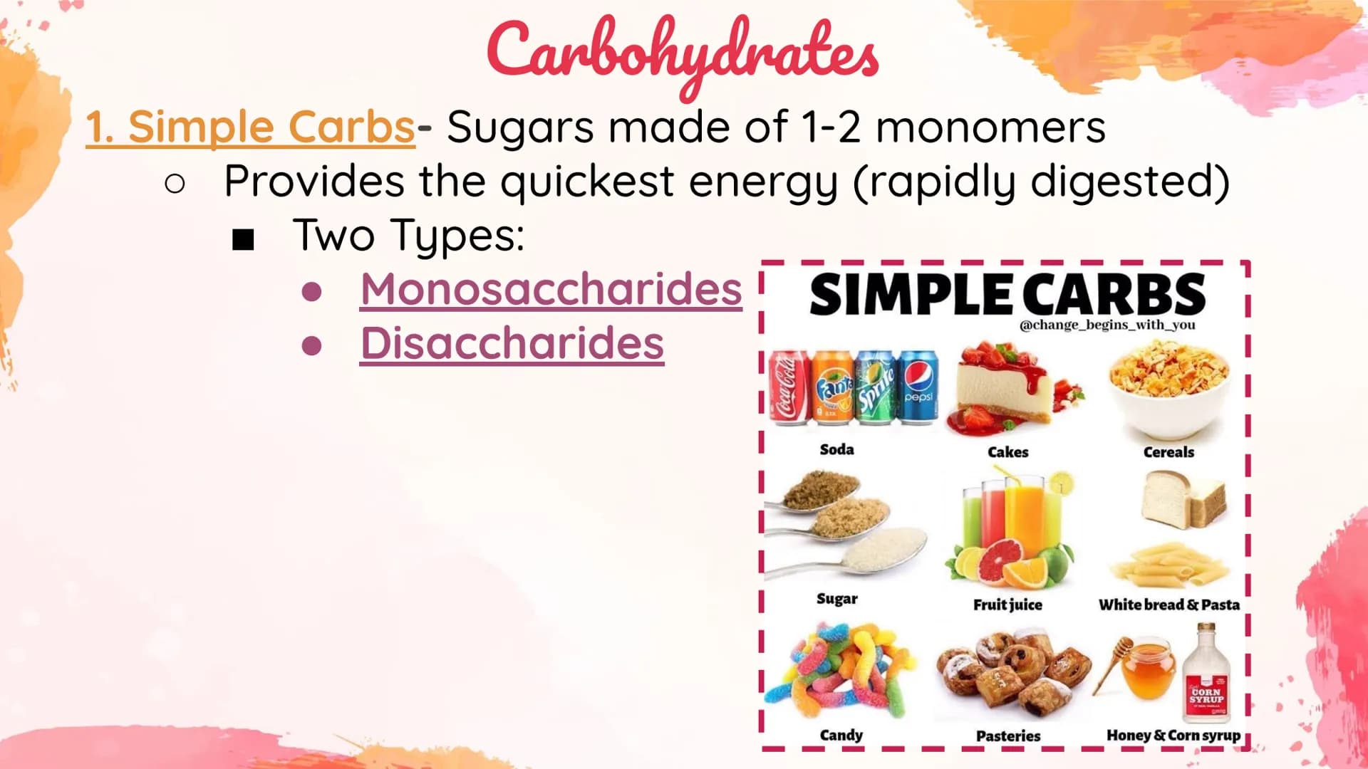 Carbohydrates
Body's main source of energy!
• Monomers: Monosaccharides
. Most carbs have a 1:2:1 ratio of Carbon: Hydrogen: Oxygen.
Ex: Glu