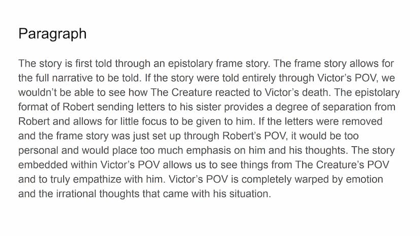 
<h2 id="robertwaltonsletterstohissister">Robert Walton's Letters to His Sister</h2>
<p>The story begins with Robert Walton's letters to his