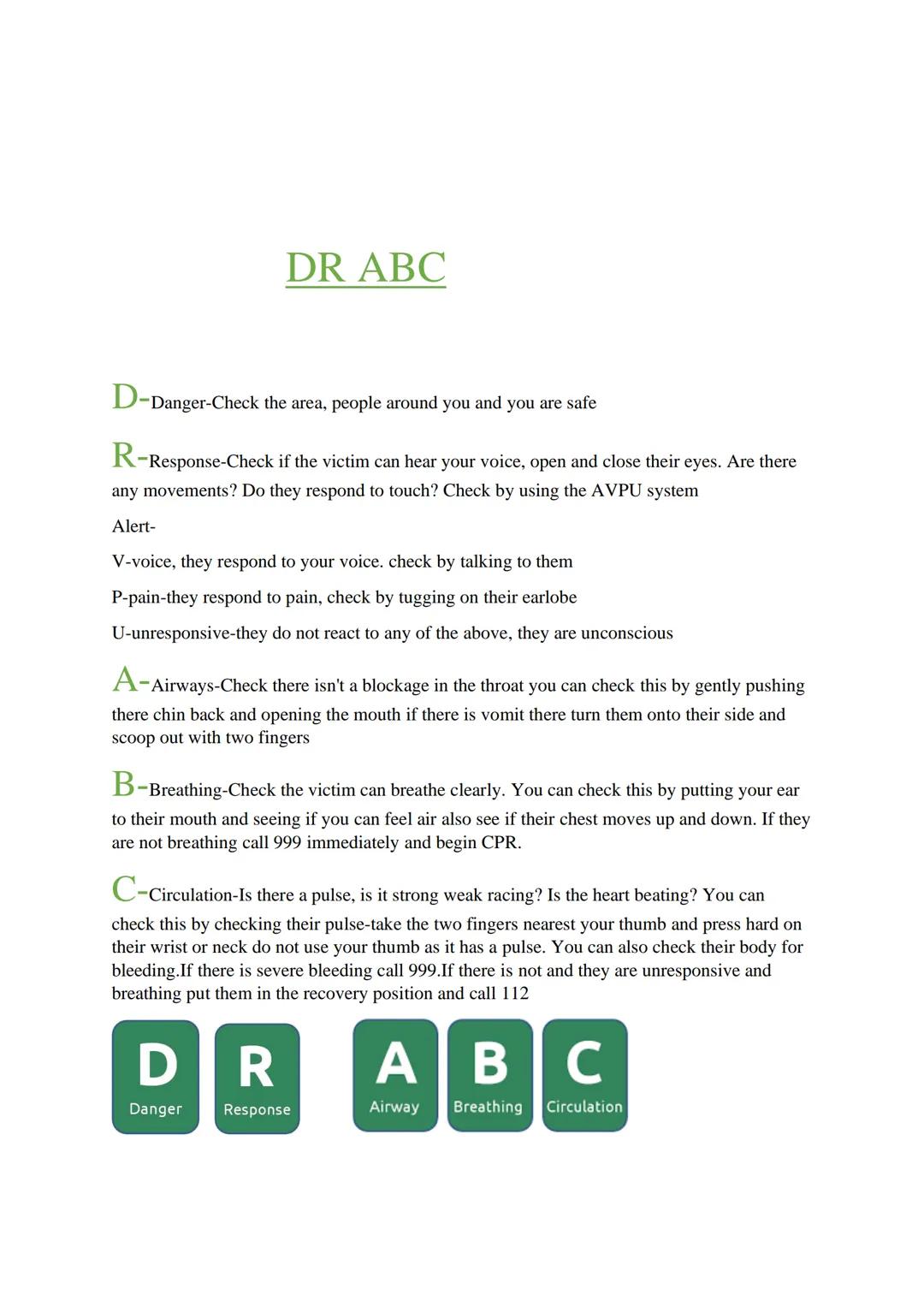 First aid manual DR ABC
D-Danger-Check the area, people around you and you are safe
R-Response-Check if the victim can hear your voice, open