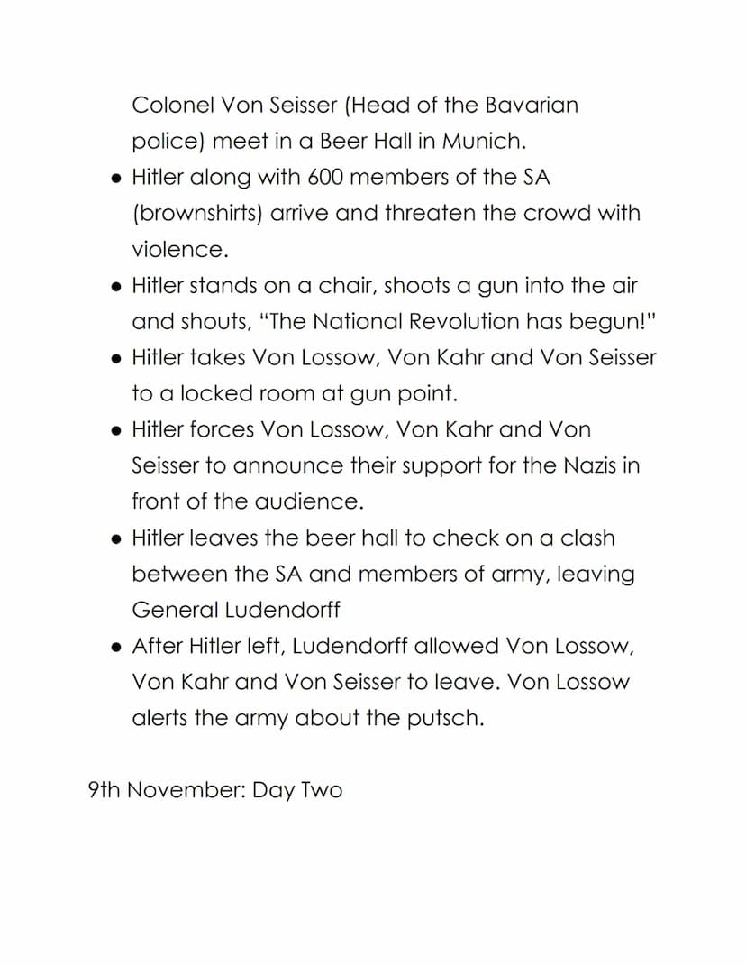 Hitler and Nazi Germany revision: What happened
during the Munich Putsch/Beer Hall Putsch in
November 1923?
Aims of the Munich Putsch:
• The