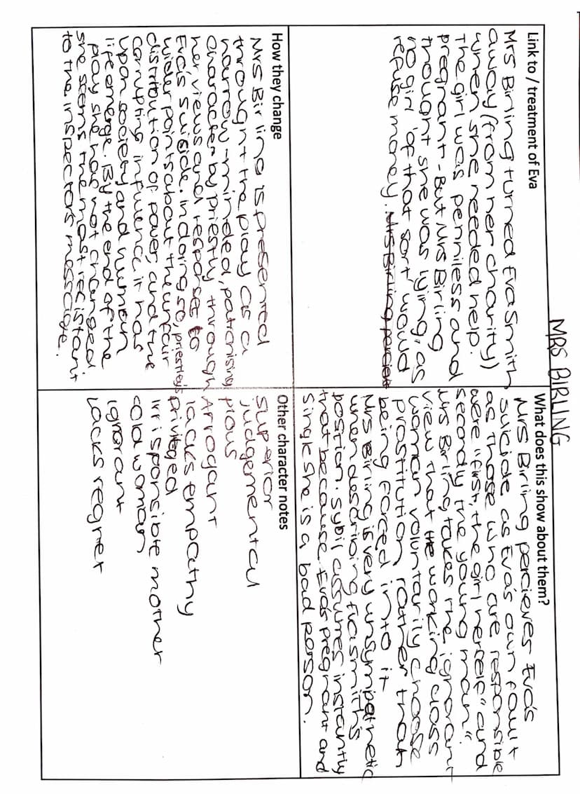 Key themes they are linked to
Key quotes
"she was claiming elaborate
Gender:
Mrs Birling doesn't have a job but fine feelings and scruples t