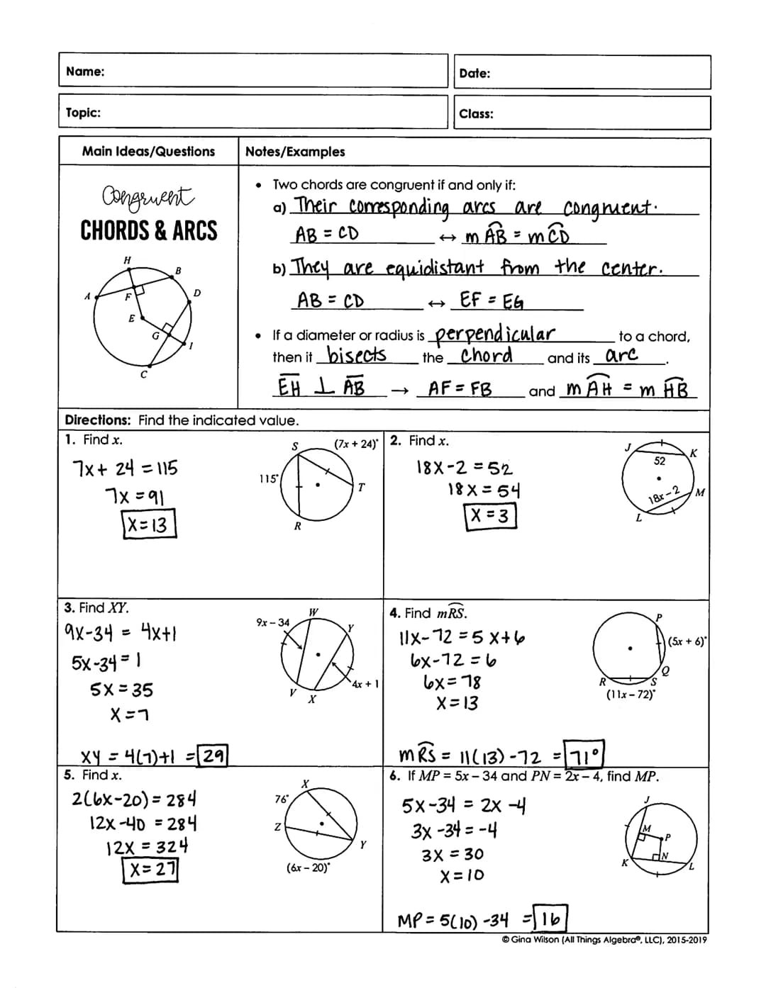 Simply explained: Easy Congruent Chords and Arcs Worksheet with Answers