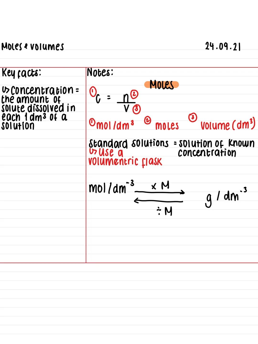 Moles volumes
Notes:
Key facts:
Us Concentration = 0.
the amount of
Solute dissolved in
C
each 1 dm³ of a
Solution
:
Moles
V 3
2
Omol/dm³ mo