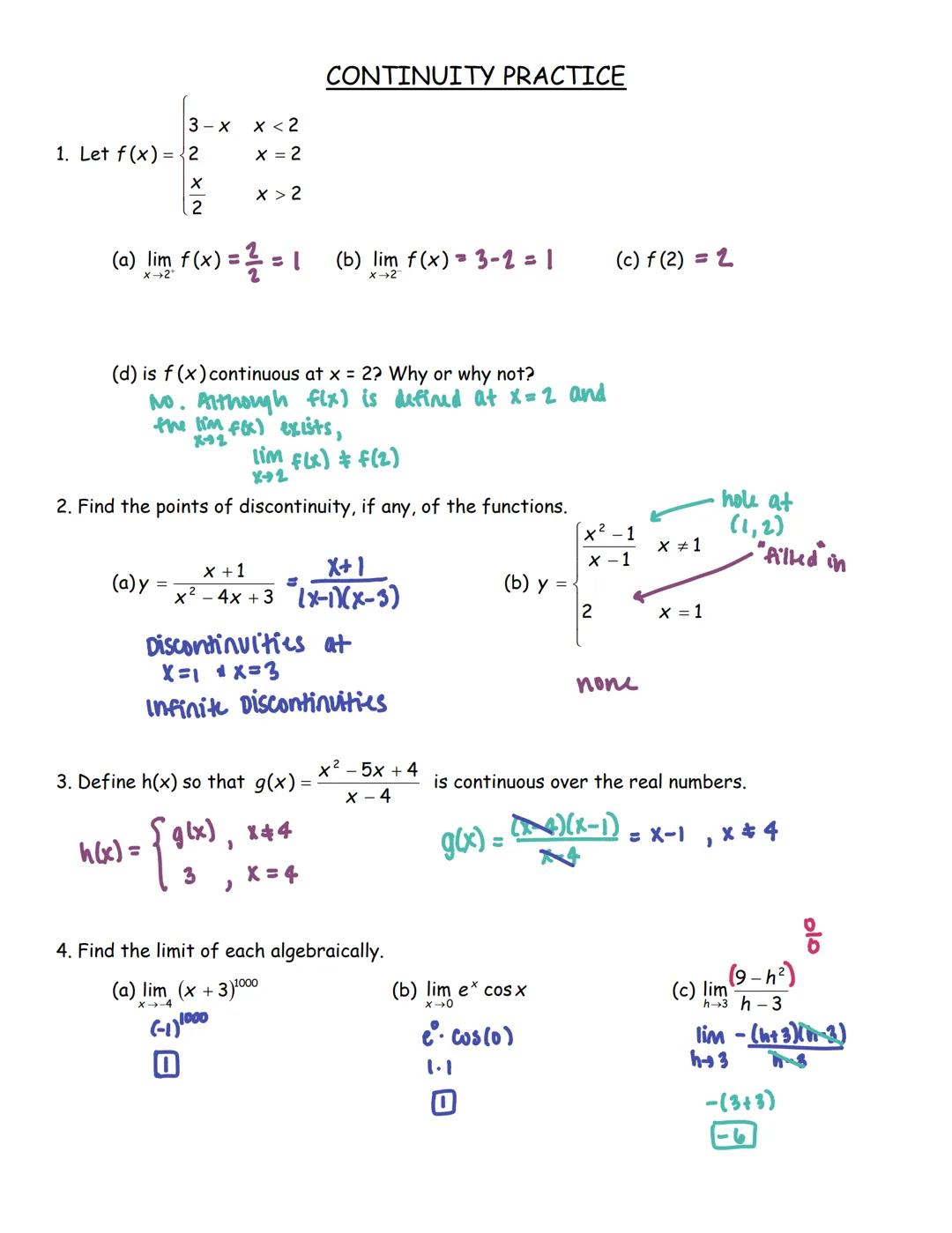UNIT 1: 2.1-2.3
LIMITS & CONTINUITY
SOLUTION SET
(worked out solutions and notes included) LIMITS FROM GRAPHS WU
1. Given the piecewise func
