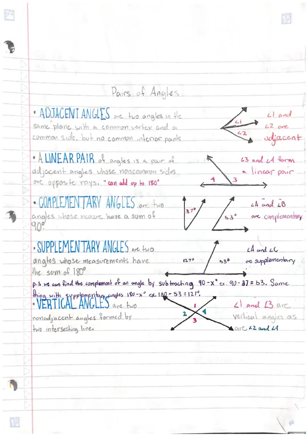 Pairs of Angles
ADJACENT ANGLES
ore two angles in the
same plane with a common vertex and a
common side, but no common interior points.
9
DA