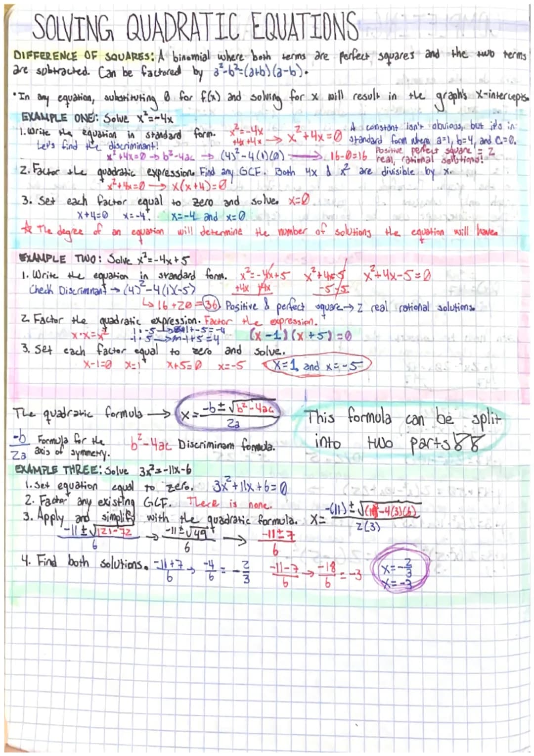 SOLVING QUADRATIC EQUATIONS
DIFFERENCE OF SQUARES: A binomial where both terms are perfect squares and the two terms
are subtracted. Can be 