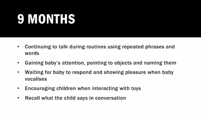 PROMOTING
LANGUAGE 0-
2 YEARS
The role of parents/carers, practitioners, and other
professionals. 6 WEEKS
Look for times when your child is 