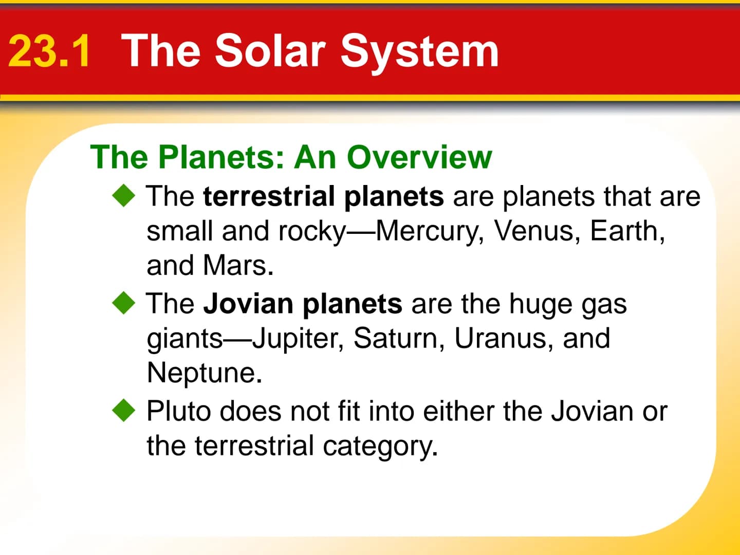 Chapter Touring Our
Solar System
23 23.1 The Solar System
The Planets: An Overview
The terrestrial planets are planets that are
small and ro